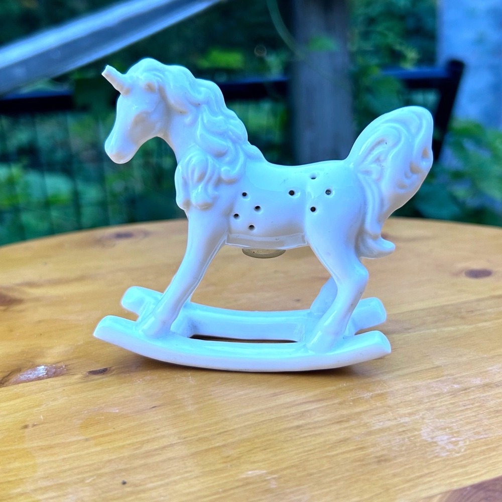 Vintage Porcelain Unicorn Rocking Horse Figurine White Pomander Scent Diffuser